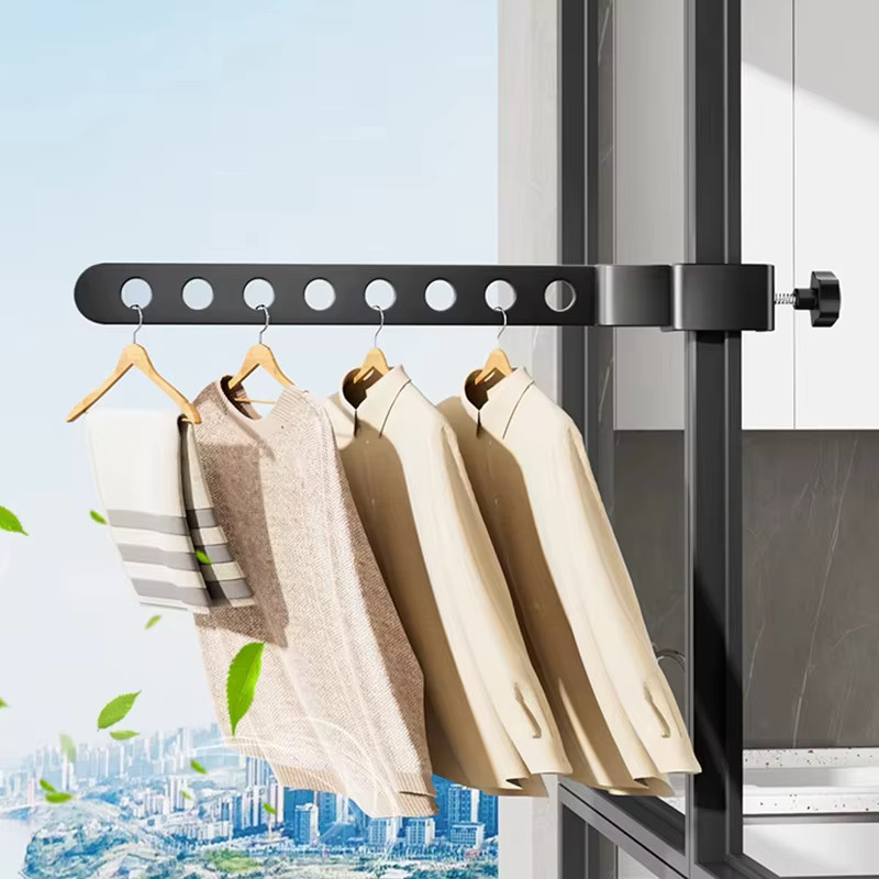 Platzsparender Wäscheständer aus Aluminium in Schwarz zur Wandmontage, klappbar und verstellbar - Bild 2