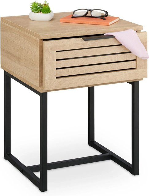 Relaxdays Nachttisch aus Holzwerkstoff und Eisen in Schwarz und Natur mit Schublade und Lamellen-Front, B/T/H: 55,5 x 40 x 41,5 cm - Bild 1