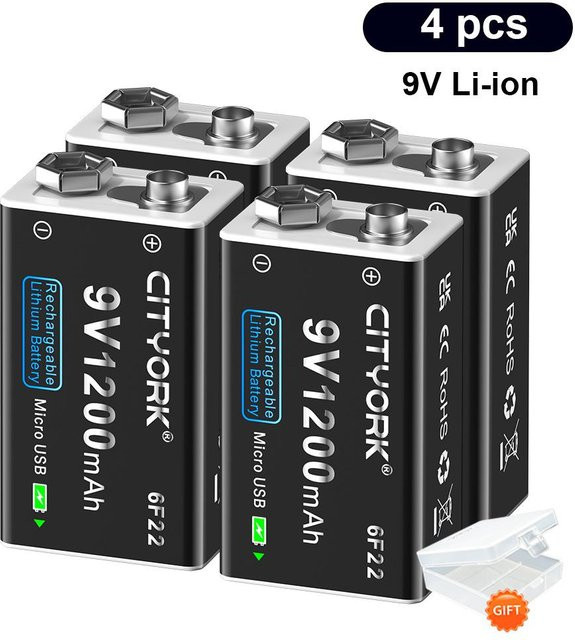 CITYORK 9V Li-Ion Akku Set 1200mAh Schwarz mit USB-Anschluss für Multimeter und elektrische Gitarren, 4 Stück - Bild 1