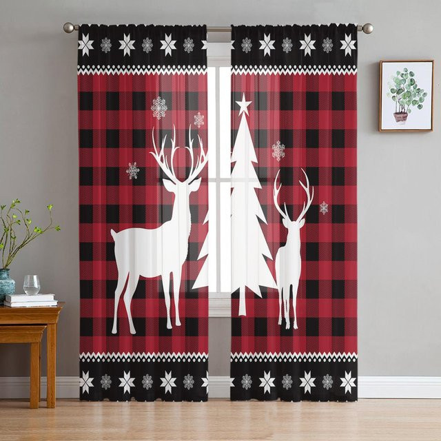 Weihnachts-Tüllvorhang mit Elch-Motiv von Your Warm Home, Farbe Rot, Transparent, Breite: 100 cm, Höhe: 250 cm - Bild 1