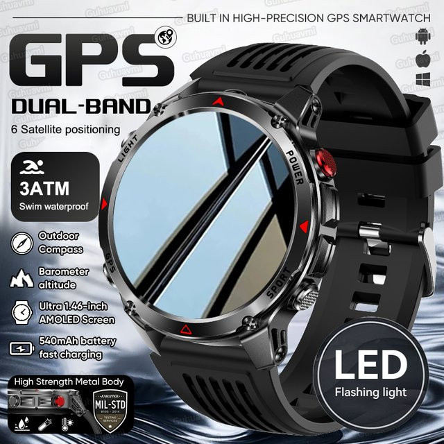 GUHUAVMI Dual-Band GPS Smartwatch für Outdoor-Sport in Schwarz mit Kompass, Höhenmesser und 3 ATM Wasserdichtigkeit - Bild 1
