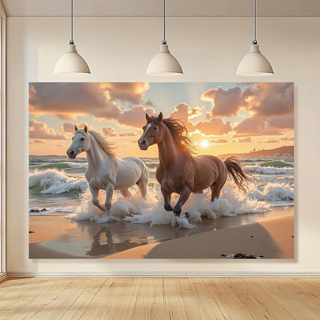 JMG Household Supplies Wandteppich mit Pferde am Strand bei Sonnenuntergang in Beige, Weiß und Braun, Breite: 70 cm, Höhe: 100 cm - Bild 1