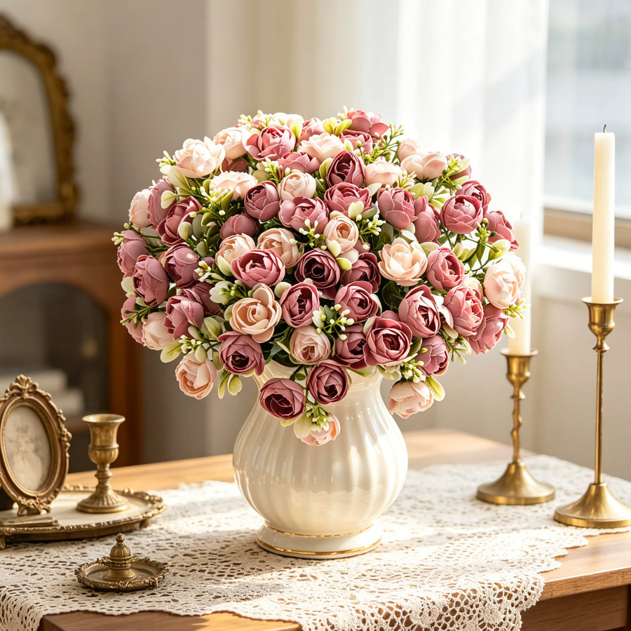 Künstliche Seidenrose Kleine Teeknospe als dekorative Blume in Rot und Multicolour für Hochzeit, Festival und Tischdekoration im Keramiktopf - Bild 1