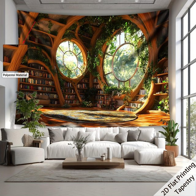 JMG Household Supplies Wandteppich Retro Bibliothek Digitaldruck aus Polyester, Mehrfarbig, Breite: 150 cm, Höhe: 100 cm - Bild 1