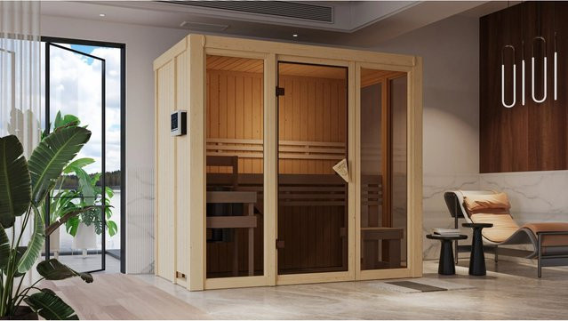 Karibu Bio-Sauna Vaira 2 mit Ganzglasfront und 3,6 kW Ofen in Naturbelassen Braun - Bild 1