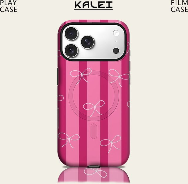 Potdemiel Handyhülle mit rosa Streifen und weißen Schleifen für iPhone 17 16 15 14 13 Pro Max Plus, robuste Magnetische Einzel- und Doppelschicht Hülle in Pink und Weiß - Bild 1