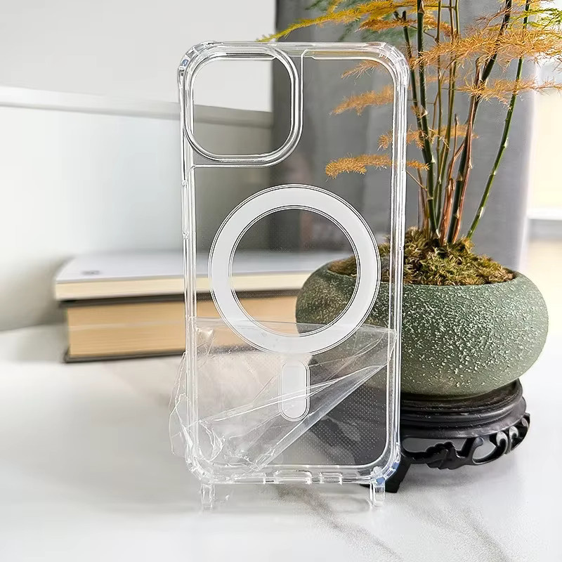 Transparente Crossbody Lanyard Handyhülle mit Magnet für iPhone 12 bis iPhone 16 Pro Max, stoßfeste Acryl-Hart-PC-Rückseite, Pink oder Transparent - Bild 4