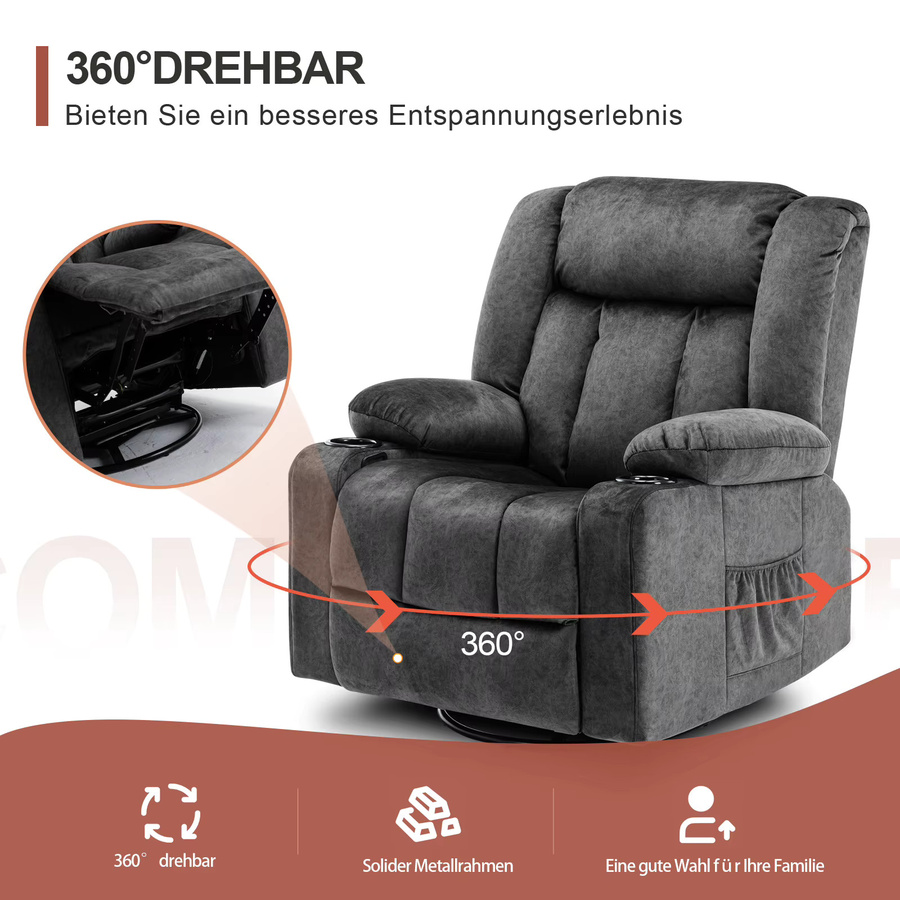 COMHOMA Relaxsessel mit einziehbarer Fußstütze und 2 Getränkehaltern, verstellbare Rückenlehne 90°-160°, Lounge-Sessel aus Stoff in Schwarz oder Grau - Bild 3