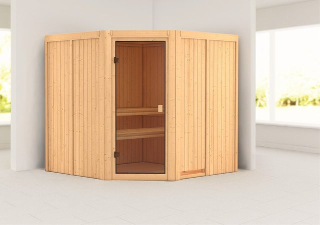 Karibu Sauna Kotka mit Eckeinstieg und bronzierter Glastür aus nordischer Fichte, Farbe: Braun, B/T/H: 196 x 198 x 196 cm - Bild 1