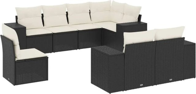 vidaXL 8-teilige Garten-Sofagarnitur in L-Form aus Poly-Rattan in Schwarz mit cremeweißen Kissen - Bild 1