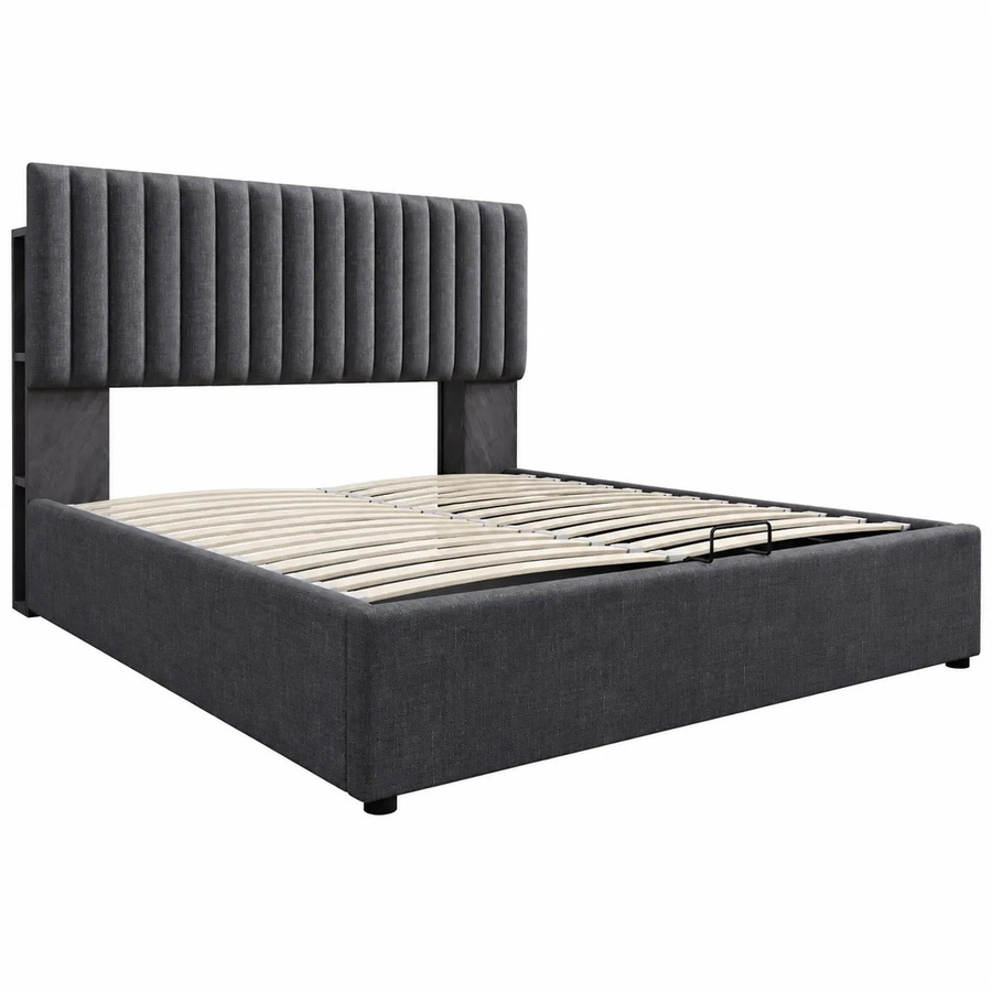okwish Doppelbett mit Matratze und LED-Beleuchtung in Grau, B/T/H: 140 x 200 x 141 cm mit USB-C Ladestation und Stauraum - Bild 2