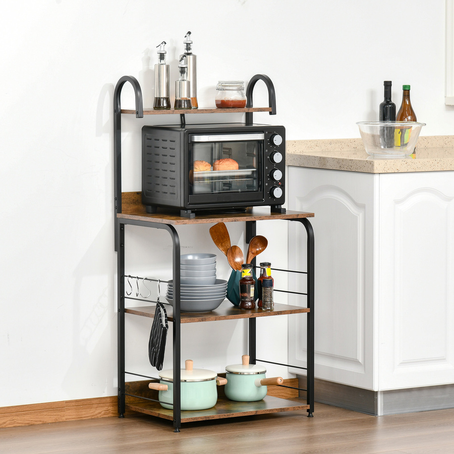 HOMCOM Küchenregal als Standregal mit 3 Ablagen und 4 Haken, Mikrowellenregal und Bäckerregal aus Stahl und MDF, Farbe: Rustikal-Braun, B/T/H: 60 x 40 x 125 cm - Bild 2