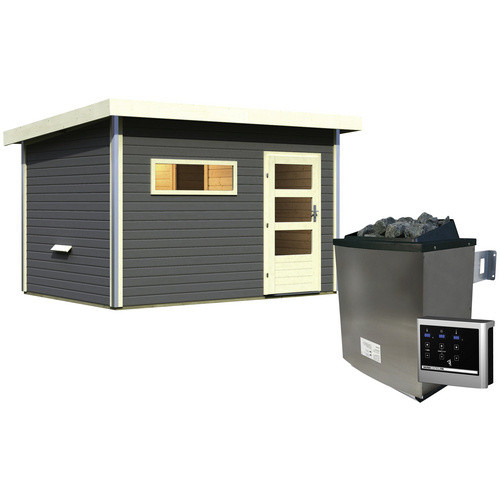 Karibu Saunahaus Schwanenburg 2 in Grau mit 9 kW Ofen und externer Steuerung, B/T/H: 337 x 231 x 239 cm - Bild 2