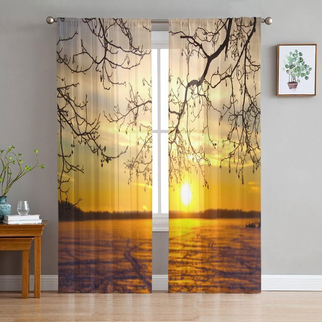 Transparente Vorhänge mit Naturmotiv Meer Sonne Himmel und Bäumen aus Organza, B: 135 cm, H: 160 cm - Bild 1