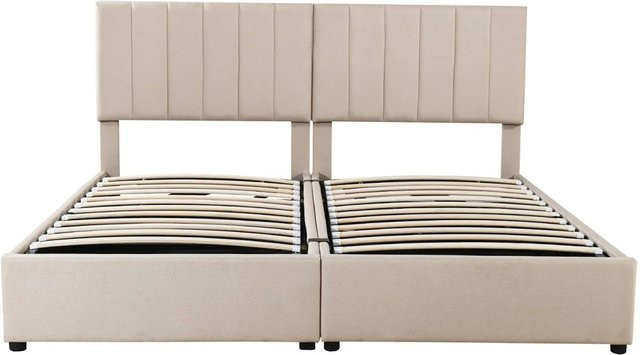 KOMHTOM Polsterbett mit hydraulischem Stauraum in Beige, Doppelbett mit Leinenbezug, B/T/H: 180 x 200 x 68 cm - Bild 1