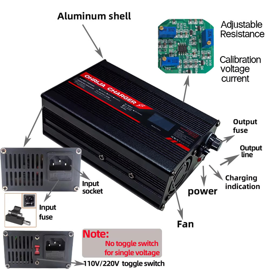 OHRIJA Lithium-Ladegerät in Schwarz mit DC2.5, XLR, IEC, GX16, M12 und RCA 8mm Anschluss für 42V 5A, 54,6V 5A und 67,2V 4A Akkus - Bild 2