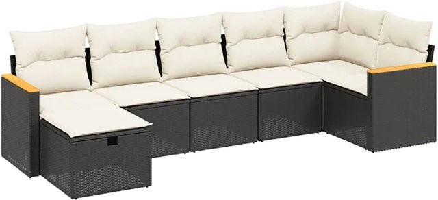 vidaXL 7-tlg Garten-Sofagarnitur aus Poly Rattan in L-Form mit Kissen und Ottoman, Schwarz - Bild 1
