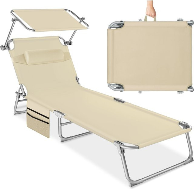 tectake Sonnenliege Chloé klappbar mit Sonnendach und verstellbarem Kopfpolster Beige, B/T/H: 161 x 68 x 111 cm - Bild 1