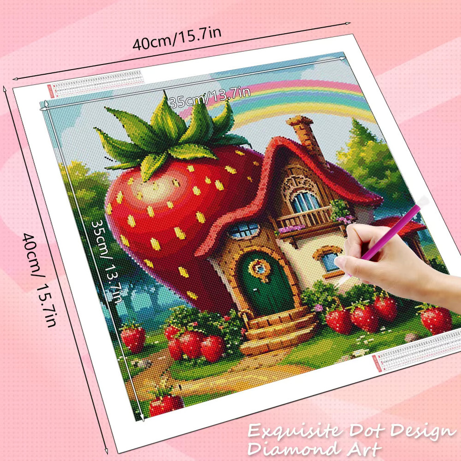 HUACAN Diamantmalerei 5D DIY Mosaik Set Haus in der Landschaft mit Wald, Pilzen und Erdbeeren, Rund, Mehrfarbig - Bild 2