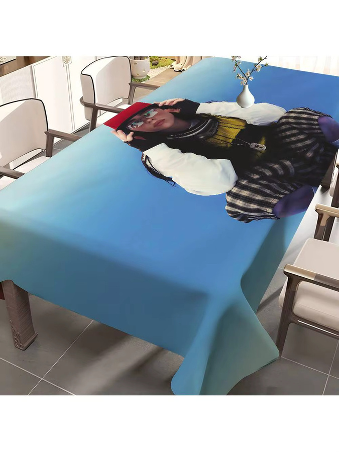 B-Billie E-Eilish Wasserabweisende Tischdecke aus Leinen in Blau, Rechteckig mit Grafikdesign für Hochzeit und Heimdekoration - Bild 7
