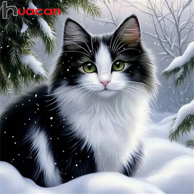 Huacan DIY Diamond Painting Katze in Winterlandschaft mit bunten Strasssteinen, 5D Mosaik Set, B/B/H: 20 x 20 x 20 cm - Bild 1