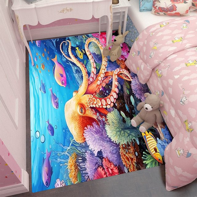 Anti-Rutsch-Teppich mit Unterwasserwelt-Design für Kinderzimmer und Wohnzimmer, Schildkröten und Korallenmuster, Mehrfarbig - Bild 1