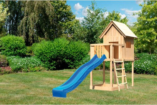 Karibu Kinderspielhaus Frieda Set mit Anbau und Rutsche in Natur und Blau - Bild 3