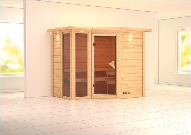 Karibu Massivholzsauna Amalia aus Fichte mit LED-Dachkranz in Natur, B: 236 cm, T: 212 cm, H: 198 cm - Bild 1