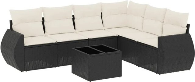 vidaXL 7-teilige Garten-Sofagarnitur in L-Form aus Poly-Rattan mit Kissen in Schwarz-Creme - Bild 1