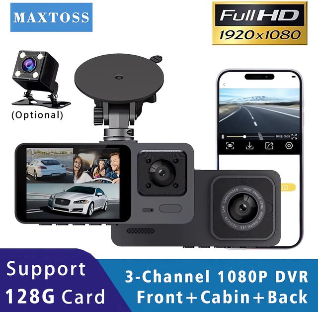 Maxtoss 3-Kanal Dashcam Full HD 1080P mit Innenfahrzeugkamera in Schwarz - Bild 1