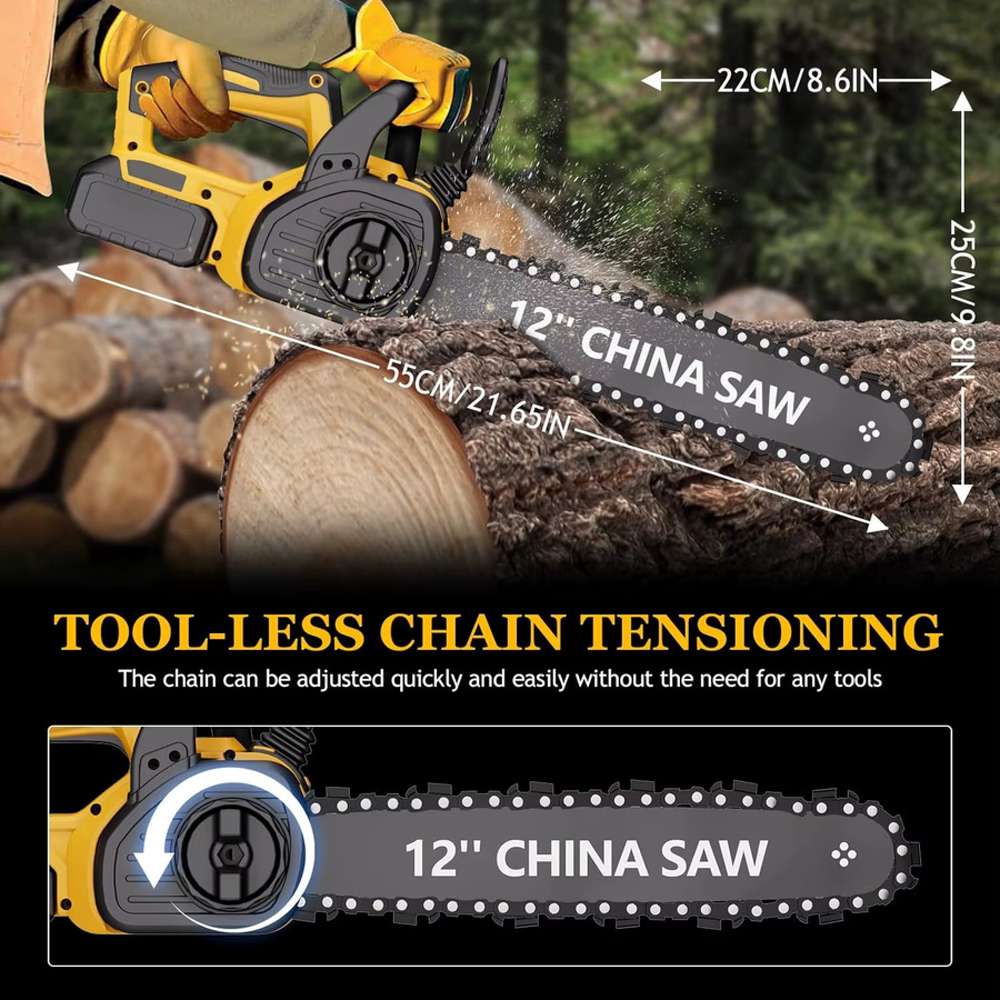 Akku-Kettensäge 12 Zoll Gelb kompatibel mit DeWalt 20V elektrische Gartensäge zum Schneiden von Holz und Baumzweigen - Bild 3