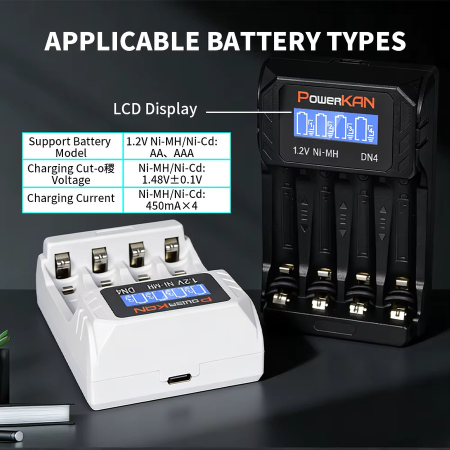 POWERKAN DN4 Batterieladegerät mit LCD-Anzeige für 1.2V Ni-MH AA AAA Akkus, 4 Schächte, USB-C Anschluss - Bild 2