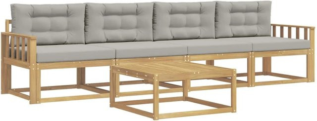 vidaXL Outdoor-Sofagarnitur L-Form aus Akazienholz mit Kissen und Couchtisch in Weiß und Grau - Bild 1