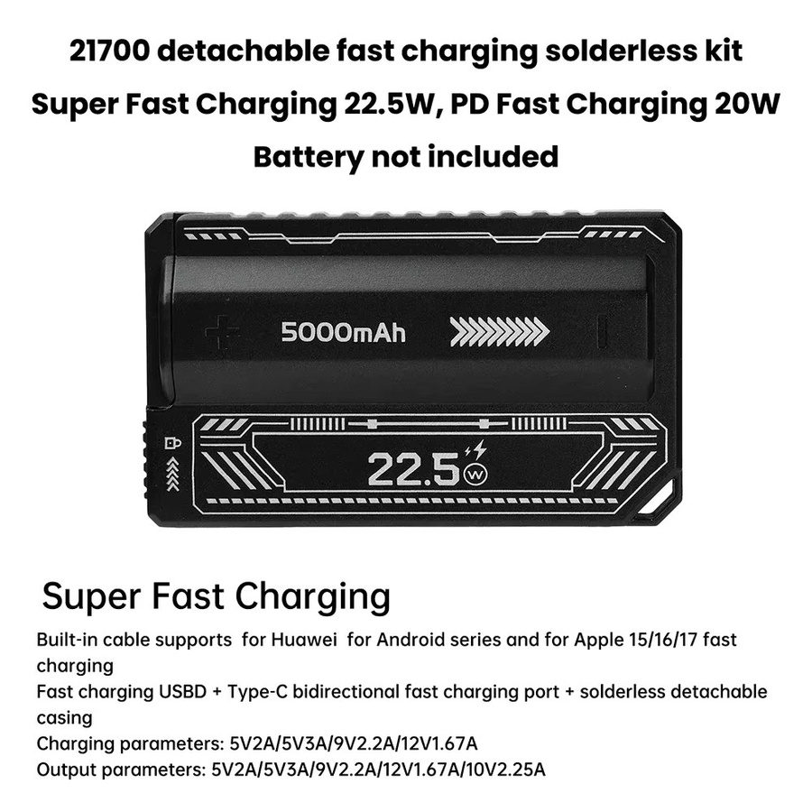 Voktta DIY Powerbank-Gehäuse für 21700 Akkus, 5000 mAh, PD 20 W Schnellladegehäuse mit USB Typ-C, Schwarz - Bild 2