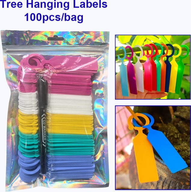 100 Stück Baum-Hängeetiketten aus Kunststoff in Mehrfarben mit Stift, wasserfeste Gartenpflanzenetiketten und Kunststoffmarker für Trauben und Pflanzen - Bild 1