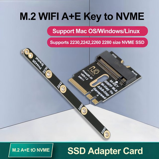 T.F.SKYWINDINTL M.2 Key A+E zu NVMe SSD Adapter, M.2 WIFI Schnittstelle A/E Key zu M Key Gen3 X4 Riser-Karte für 2230 2242 2260 2280 SSD, Schwarz - Bild 1