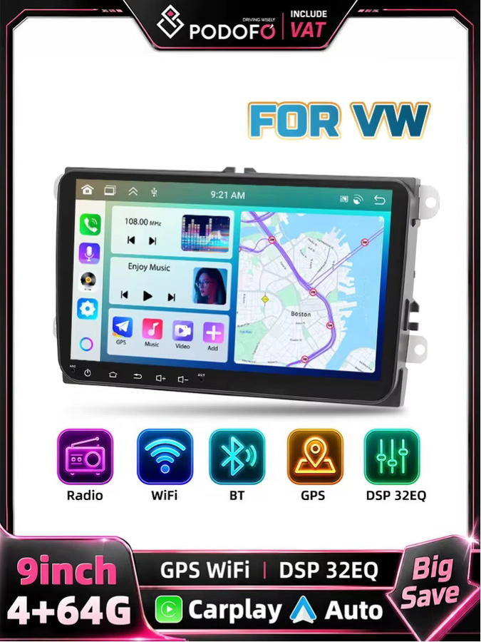 Podofo 9 Zoll 2DIN Android Autoradio mit Carplay, Android Auto und GPS in Schwarz für VW Passat, Golf, Skoda Octavia, Superb und Leon - Bild 4
