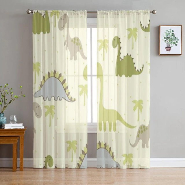 A Family Of Home Textiles Transparente Voile-Fenstervorhänge mit Dinosaurier- und Pflanzen-Motiv in Tiergrün, Breite: 135 cm, Höhe: 160 cm, 2er-Set - Bild 1