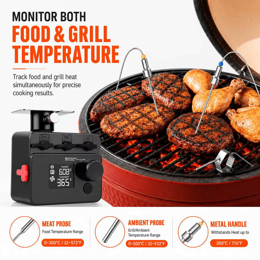 Xinsio Kabelloses Bluetooth Kamado-Ofen-Thermometer mit PID BBQ-Lüfter-Controller und digitaler Temperaturanzeige für Smoker und Rotisserie in Schwarz - Bild 2