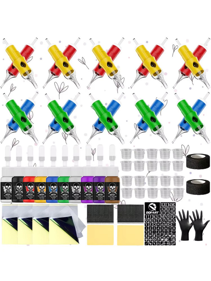DQFART Tattoo Kit, 20 Nadeln, 20 Tintenbecher, 10 Tattoo-Tinten 5 ml, Transferpapier - Bild 2