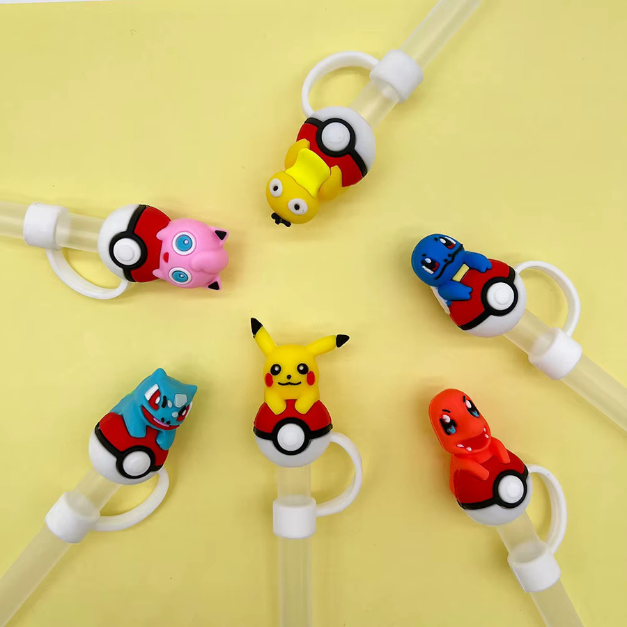 6 Stück Pokemon 3D Silikon-Strohhalmaufsätze in Multicolour für 10mm Strohhalme und Glasbecher passend für 30 & 40 Unzen Becher mit Henkel staubdicht und wiederverwendbar von Potdemiel - Bild 2