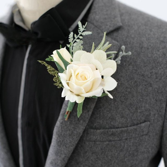 YO CHO Boutonniere, Künstliche Rosen, Seide, Weiß, Herren - Bild 1