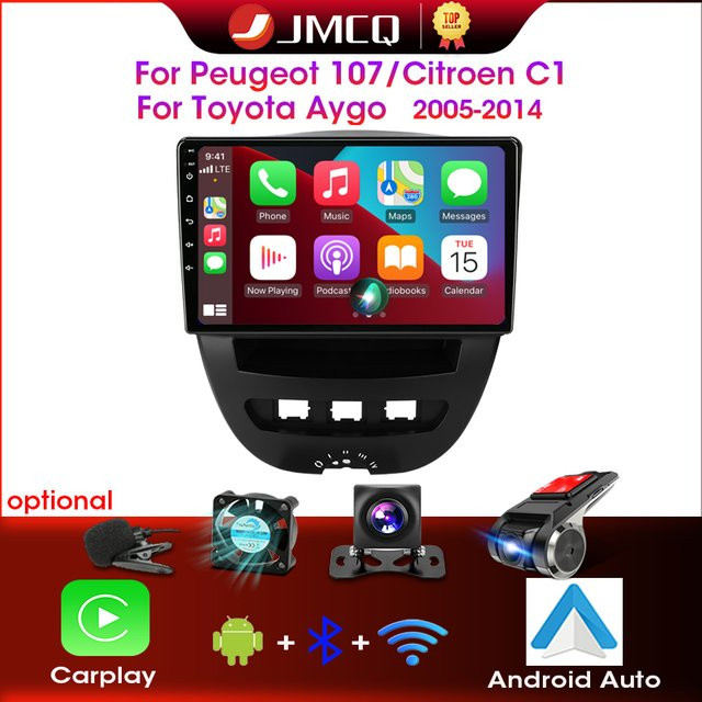 JMCQ 2 DIN Autoradio mit Android 12, 4G, GPS und Carplay für Peugeot 107, Toyota Aygo und Citroen C1 (2005-2014), Schwarz - Bild 1