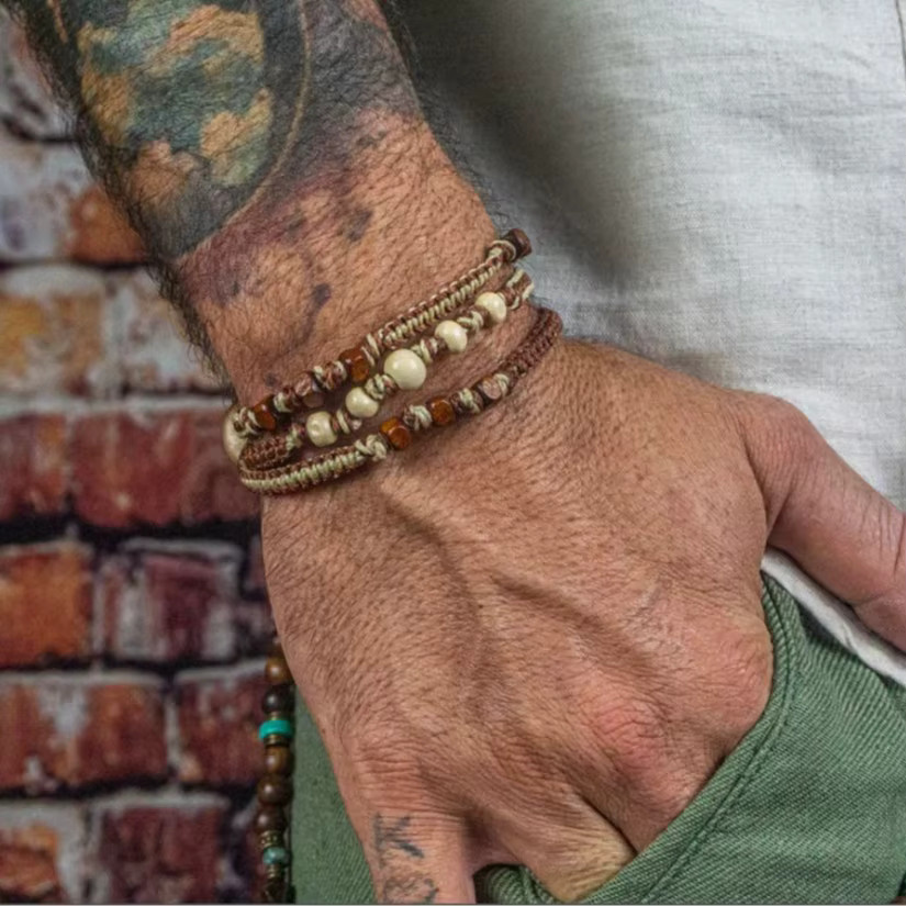 INGX Herren-Armband, gewebtes Seil, Holzperlen, Bunt, Vintage - Bild 2