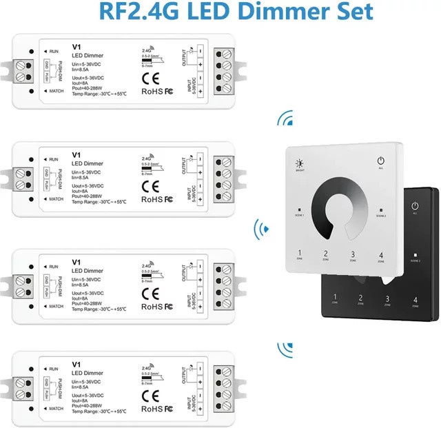 YSRSAI 4-Zonen RF 2,4G LED-Dimmer mit Wandpaneel Touch-Dimmung für DC12V 24V 36V einfarbige LED-Lichtleisten 2835 5050 COB in Weiß - Bild 1
