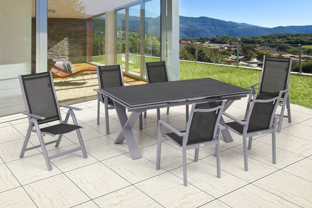OUTFLEXX Garten-Essgruppe in Silber mit ausziehbarem Tisch und 6 Stühlen aus Aluminium, Keramik und Textil - Bild 1