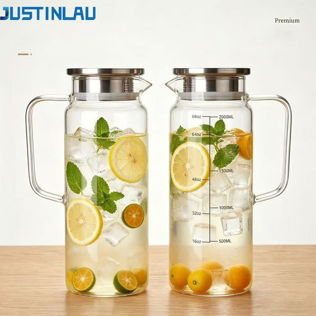 JUSTINLAU Wasserkrug aus Borosilikatglas mit Griff und Deckel, transparent, 2 l - Bild 1