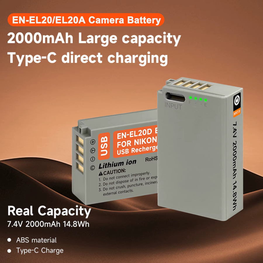 Nikon EN-EL20 EL20A Ersatzakku mit USB-C Ladeanschluss für Coolpix P1000 P950 J1 J2 J3 AW1 DL24-500 Kameras, 2000mAh, Grau - Bild 2