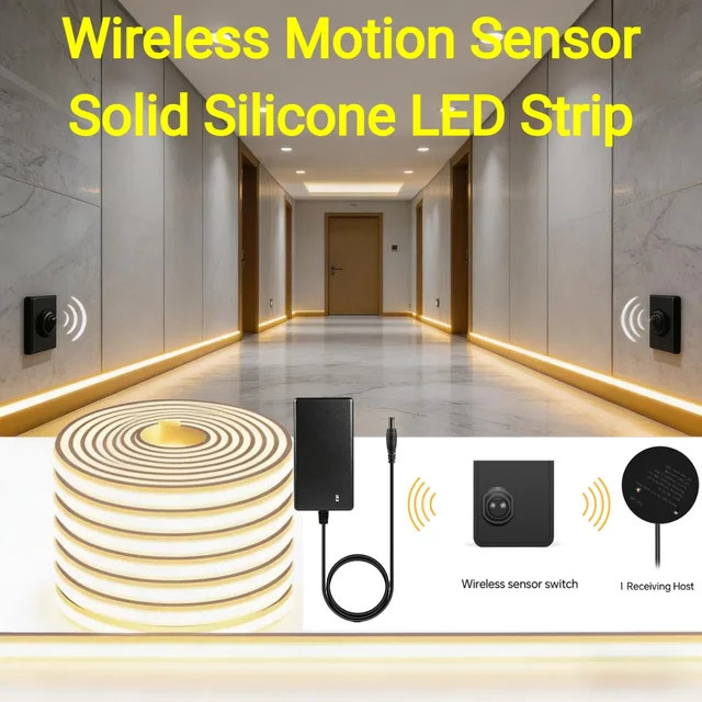 AIMENGTE Neon COB LED-Streifenlicht-Set in Warmweiß aus Vollsilikon mit intelligentem kabellosem PIR-Bewegungssensor für Treppen und Flure - Bild 1
