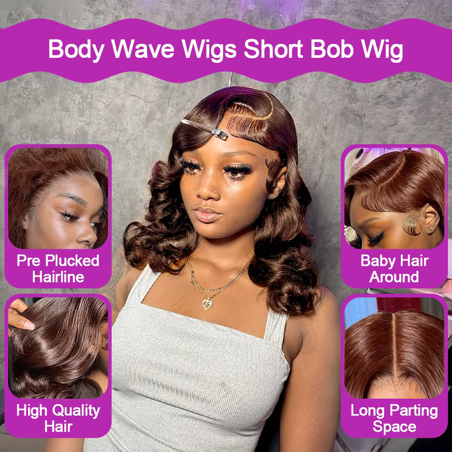 HJ WEAVE BEAUTY Bob-Perücke, Echthaar, schokoladenbraun, gewellt, 250 Dichte - Bild 2